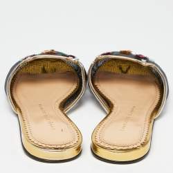 Charlotte Olympia Black/Gold Mesh and Patent Leather Kitsch Kitty Sequin Flat Slides Size 37