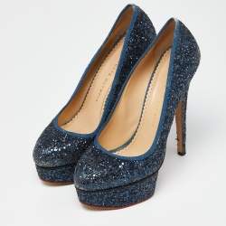 Charlotte Olympia Blue Glitter and Fabric Priscilla Platform Pumps Size 38