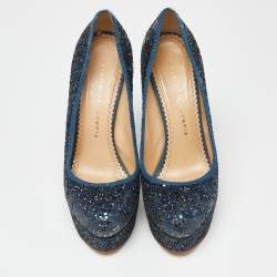 Charlotte Olympia Blue Glitter and Fabric Priscilla Platform Pumps Size 38