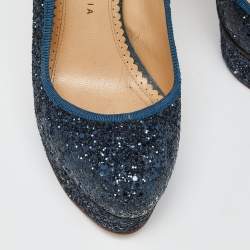 Charlotte Olympia Blue Glitter and Fabric Priscilla Platform Pumps Size 38