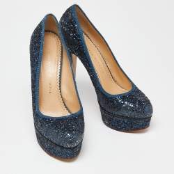 Charlotte Olympia Blue Glitter and Fabric Priscilla Platform Pumps Size 38