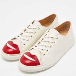 Pre Owned Charlotte Olympia White Leather Kiss Me Low Top Sneakers Size 38