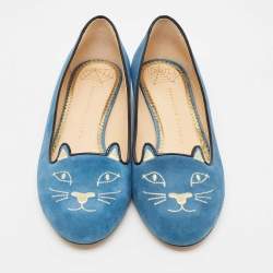 Charlotte Olympia Blue Suede Kitty Ballet Flats Size 42