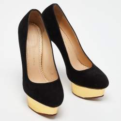 Charlotte Olympia Black Suede Dolly Platform Pumps Size 37.5