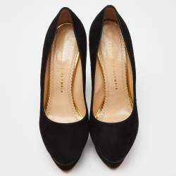 Charlotte Olympia Black Suede Dolly Platform Pumps Size 38.5