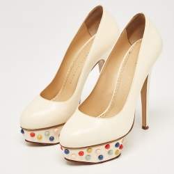 Pre Owned Charlotte Olympia Off White Leather Embellished Dolly Platform Pumps Size 37