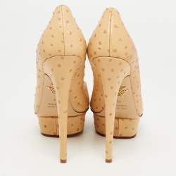 Charlotte Olympia Beige Ostrich Leather Dolly Platform Pumps Size 40