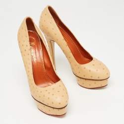 Charlotte Olympia Beige Ostrich Leather Dolly Platform Pumps Size 40