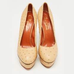 Charlotte Olympia Beige Ostrich Leather Dolly Platform Pumps Size 40