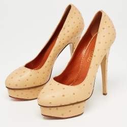 Charlotte Olympia Beige Ostrich Leather Dolly Platform Pumps Size 40