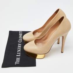 Charlotte Olympia Beige/Gold Karung Leather Dolly Platform Pumps Size 39