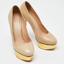 Charlotte Olympia Beige/Gold Karung Leather Dolly Platform Pumps Size 39