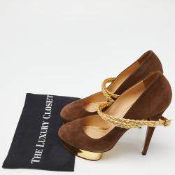 Pre Owned Charlotte Olympia Brown/Gold Suede Dolly Platform Pumps Size 42