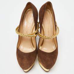 Pre Owned Charlotte Olympia Brown/Gold Suede Dolly Platform Pumps Size 42
