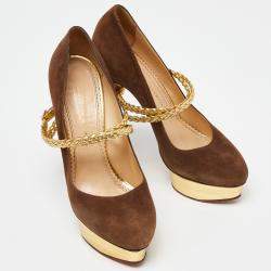 Pre Owned Charlotte Olympia Brown/Gold Suede Dolly Platform Pumps Size 42