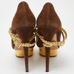 Pre Owned Charlotte Olympia Brown/Gold Suede Dolly Platform Pumps Size 42