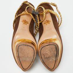 Pre Owned Charlotte Olympia Brown/Gold Suede Dolly Platform Pumps Size 42
