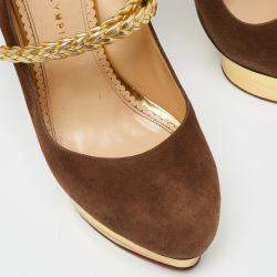 Pre Owned Charlotte Olympia Brown/Gold Suede Dolly Platform Pumps Size 42