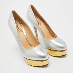 Charlotte Olympia Silver Leather Dolly  Platform Pumps Size 40