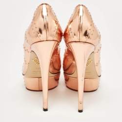 Pre Owned Charlotte Olympia Rose Gold Leather Studded Platform Pumps Size 38.5