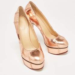 Pre Owned Charlotte Olympia Rose Gold Leather Studded Platform Pumps Size 38.5