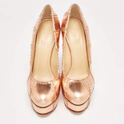 Pre Owned Charlotte Olympia Rose Gold Leather Studded Platform Pumps Size 38.5