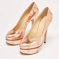 Pre Owned Charlotte Olympia Rose Gold Leather Studded Platform Pumps Size 38.5