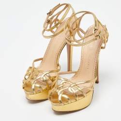 Pre Owned Charlotte Olympia Gold Leather Strappy Platform Sandals Size 37.5