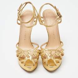 Pre Owned Charlotte Olympia Gold Leather Strappy Platform Sandals Size 37.5