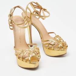 Pre Owned Charlotte Olympia Gold Leather Strappy Platform Sandals Size 37.5