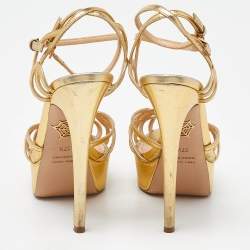 Pre Owned Charlotte Olympia Gold Leather Strappy Platform Sandals Size 37.5