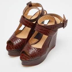 Charlotte Olympia Brown Croc Embossed Leather Ankle Strap Wedge Sandals Size 39