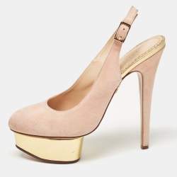 Charlotte Olympia Beige Suede Platform Slingback Pumps Size 37.5   