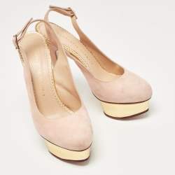 Charlotte Olympia Beige Suede Platform Slingback Pumps Size 37.5   