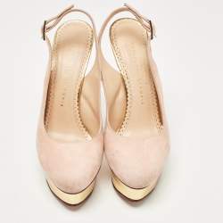 Charlotte Olympia Beige Suede Platform Slingback Pumps Size 37.5   