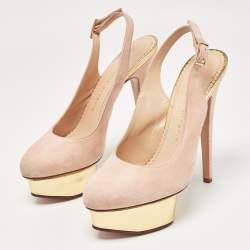 Charlotte Olympia Beige Suede Platform Slingback Pumps Size 37.5   