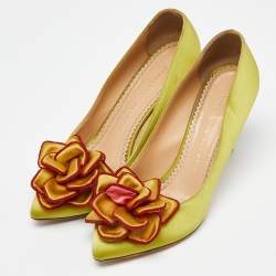 Charlotte Olympia Green Satin Flower Detail Pointed Toe Pumps Size 37