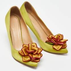 Charlotte Olympia Green Satin Flower Detail Pointed Toe Pumps Size 37