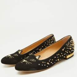 Pre Owned Charlotte Olympia Black Suede Kitty Spikes Ballet Flats Size 37.5