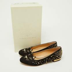 Pre Owned Charlotte Olympia Black Suede Kitty Spikes Ballet Flats Size 37.5