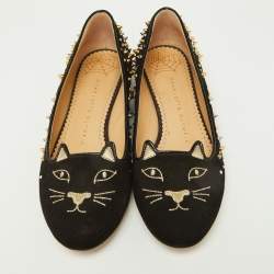 Pre Owned Charlotte Olympia Black Suede Kitty Spikes Ballet Flats Size 37.5