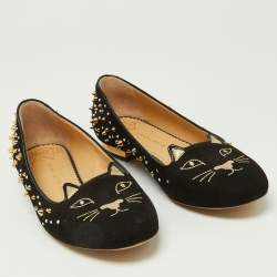 Pre Owned Charlotte Olympia Black Suede Kitty Spikes Ballet Flats Size 37.5