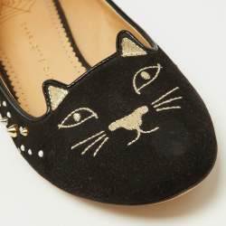 Pre Owned Charlotte Olympia Black Suede Kitty Spikes Ballet Flats Size 37.5