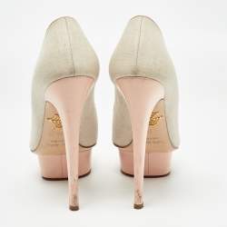 Charlotte Olympia Pink/Grey Canvas and Leather Dolly Pumps Size 36