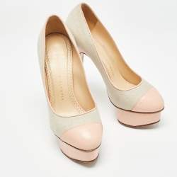 Charlotte Olympia Pink/Grey Canvas and Leather Dolly Pumps Size 36