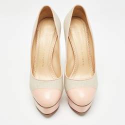 Charlotte Olympia Pink/Grey Canvas and Leather Dolly Pumps Size 36