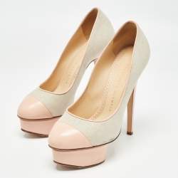 Charlotte Olympia Pink/Grey Canvas and Leather Dolly Pumps Size 36