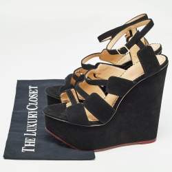 Charlotte Olympia Black Suede Platform Wedge Strappy Sandals Size 39