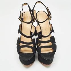 Charlotte Olympia Black Suede Platform Wedge Strappy Sandals Size 39
