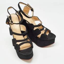 Charlotte Olympia Black Suede Platform Wedge Strappy Sandals Size 39